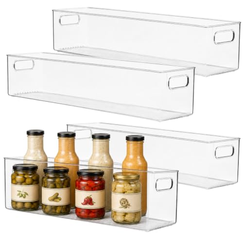Plastic Food Storage 4 Pack Clear Container Bin with Handles for Organizing Kitchen