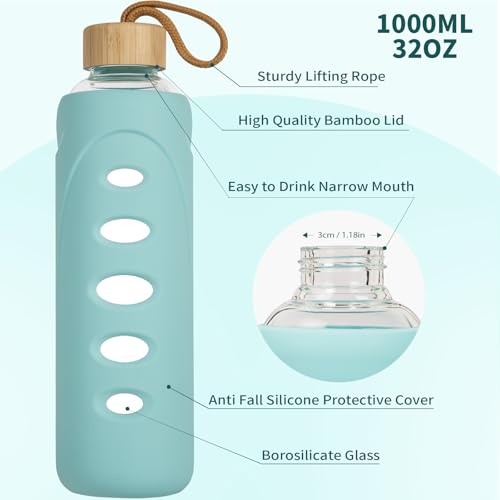 32 oz Narrow Mouth Glass Water Bottle with Windowed Silicone Sleeve