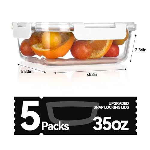 5 Pack 35 Oz Glass Food Storage Containers with Lids (5 Count)
