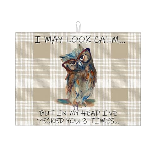 Kitchen Drying Mat Funny Owl Dish Drainer Mat for Kitchen Counter Microfiber Absorbent Reusable Washable 18x24 Inch Home Holiday Decor Cute Buffalo Plaid Drying Pad