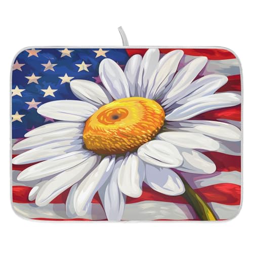 Daisy Flowers and American Flag Dish Drying Mat for Kitchen Counter Absorbent Microfiber Large Drying Pad Dish Mats for Kitchen Countertops 18 x 24 Inch