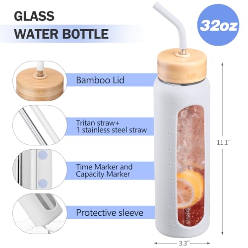 32oz Glass Water Bottle with Straw and 2 Lids