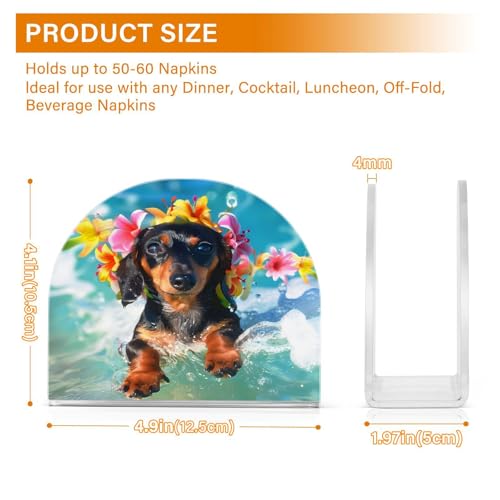 Cute Dachshund Puppy Surfing Napkin Holder for Table Paper Napkins Holder Acrylic Tissue Dispenser Kitchen Dining Room Bathroom Party Car Decor