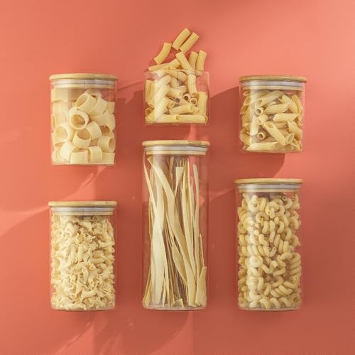 Borosilicate Glass Jars With Bamboo Lids. 6 Pc Set of Air Tight Sealable Containers. Food Jar Canisters with Airtight Lid for Pantry Storage and Kitchen Organization. (6 Count)
