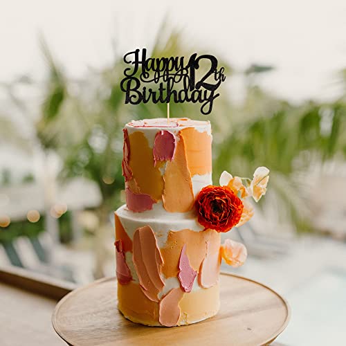 1 PCS Happy 12th Birthday Cake Topper Glitter Cheers to 12 Years Birthday Cake Pick 12 Fabulous Cake Decoration for Happy 13th Birthday Theme Party Decorations Supplies Black