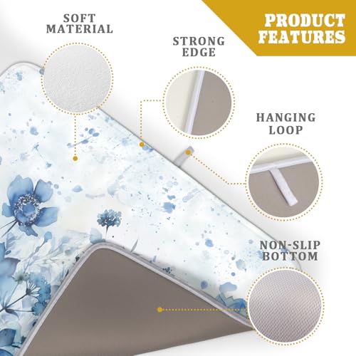 Blue Floral Dish Drying Mat for Kitchen Counter Watercolor Leaves Dishes Drainer Rack Mat Absorbent Microfiber Dish Draining Pad 18x24 Inch