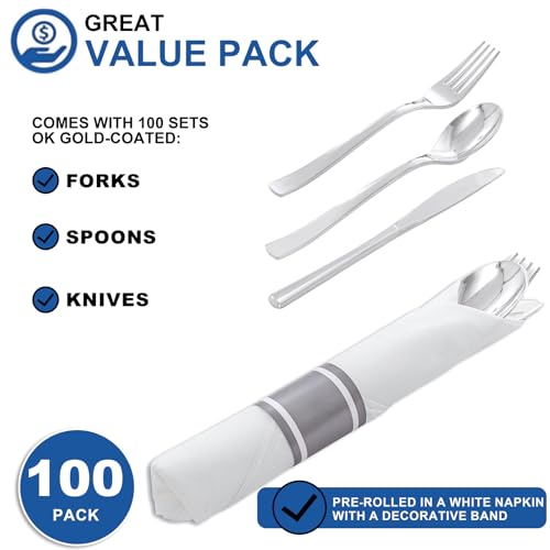 400PCS Pre Rolled Silver Plastic Silverware Heavy Duty for Wedding (400 Count)
