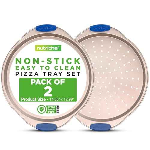 13-Inch Non-Stick Pizza Tray with Silicone Handle - Perforated Round Steel Pan, Dishwasher Safe - 2 Pack - Champagne Gold