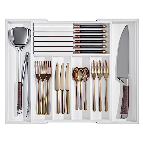 Silverware Drawer Organizer Bamboo Knife Organizer Drawer Insert Expandable Utensil Holder for Kitchen Drawer Flatware Holder W12.8