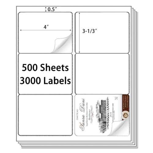 6 up 3-1/3" x 4" Sticker Labels Shipping Address Labels for Laser/Inkjet Printer, 500 Sheets, Total 3000 Labels (3000 Count)