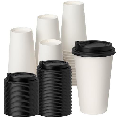 16 oz Disposable Coffee Cups with Lids 100 Pack (100 Count)