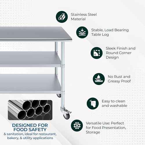 Stainless Steel Work Table with 2 Shelves and Casters