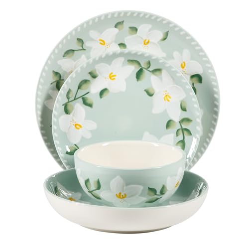 Magnolia Bloom 16 Piece Double Bowl Hand Painted Stoneware Plates and Bowls Floral Dinnerware Set