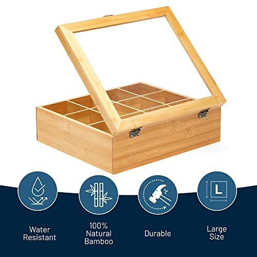 Natural Bamboo Tea Storage Organizer with Clear Acrylic Top Window