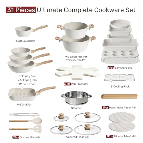 Pots and Pans Set Non Stick 31 Piece Kitchen Nonstick Cooking Cookware Sets with Grill Pan Saucepan Baking Sheet Utensil