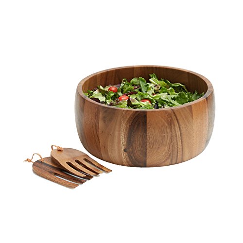Woodard & Charles Acacia Wood 10" Salad Bowl with Salad Hands