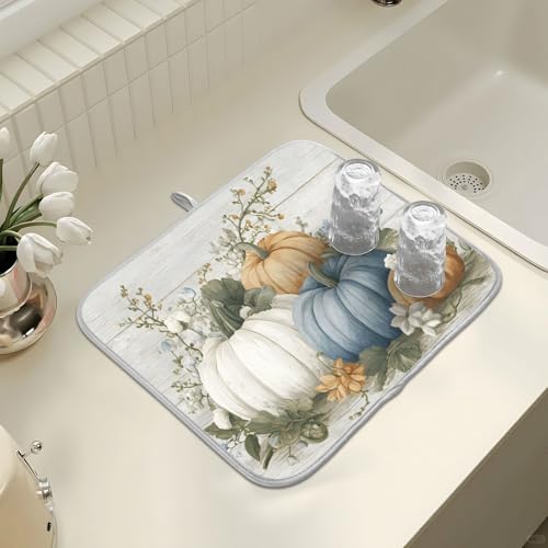 Fall Blue Orange Grey Pumpkin Thanksgiving Dish Drying Mat for Kitchen Counter Absorbent Microfiber Large Drying Pad Dish Mats for Kitchen Countertops 18 x 24 Inch