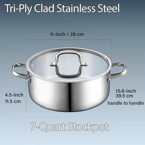 7 Quart Tri Ply Clad Stainless Steel Stockpot with Glass Lid