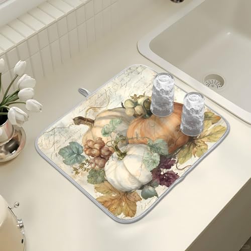 Autumn Pumpkin Fall Leaves Thanksgiving Dish Drying Mat for Kitchen Counter Absorbent Microfiber Large Drying Pad Dish Mats for Kitchen Countertops 18 x 24 Inch