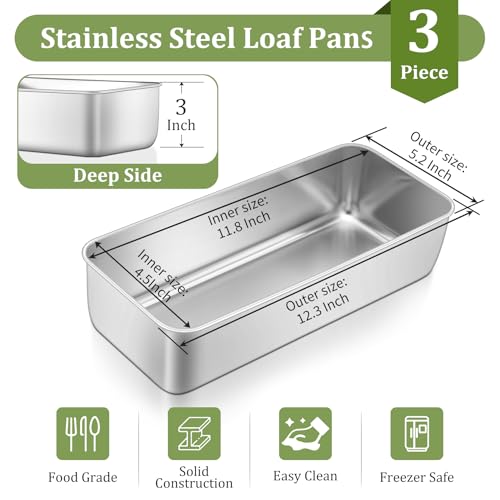Loaf Pan 12 x 5 Inch Stainless Steel Loaf Pans for Baking Bread (3 Count)