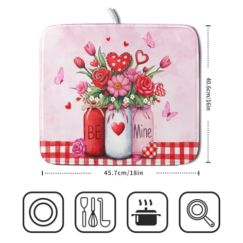 Rose Vase Dish Drying Mat 16x18 inch Romantic Floral Washable Absorbent Dish Dry Pad Fast Dry Drainer Rack Mats Kitchen Counter Accessories