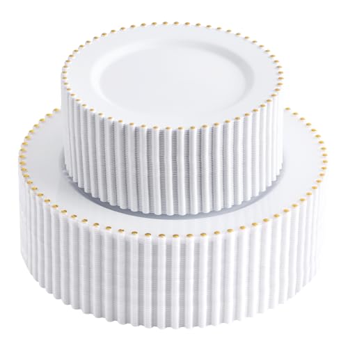100pcs White Plastic Plates with Gold Beads for Bridal Showers (100 Count)