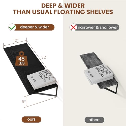 32W x 12D Deep Floating Shelves Set of 2 Black (2 Count)