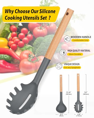 Silicone Pasta Fork and Ladle Spoon Set with Wooden Handle (2 Count)