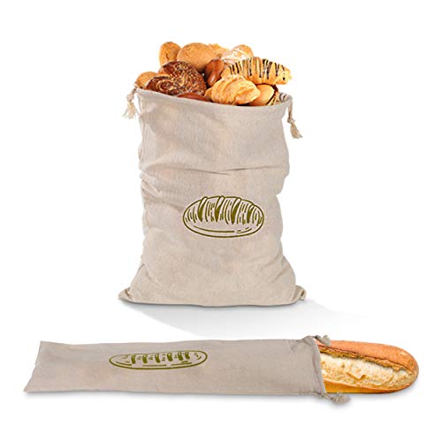 Natural Linen Bread Bags 2Pack 100% Flax Linen for Homemade Bread Reusable Food Storage Bags Reusable Bread Bags for Large Loaf Bakery & Baguette (2 Count)