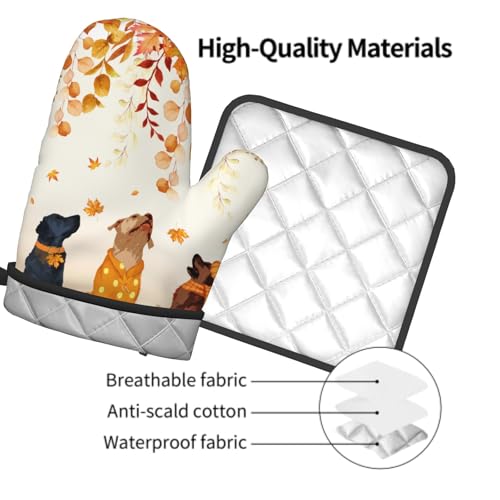 Fall Dogs Oven Mitt Potholders Sets Autumn Leaves Heat Resistant Oven Glove Set of 2 Holiday Kitchen Hot Pads for Cooking Baking Grilling