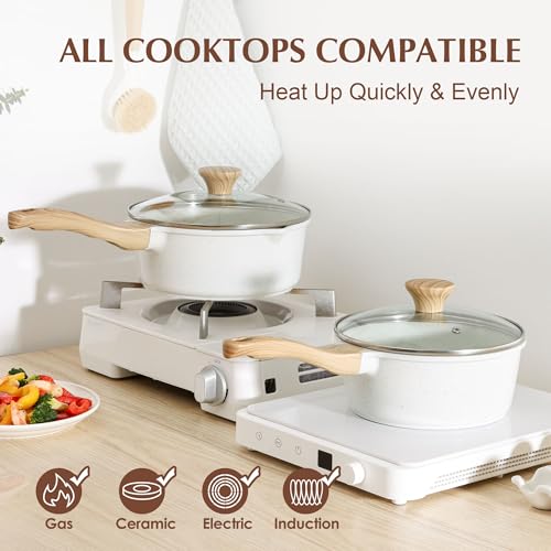 White Ceramic Nonstick Saucepan with Lid Set (2 Count)