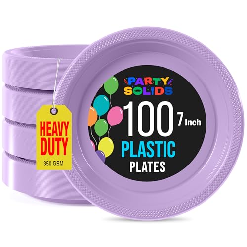 Lavender Plastic Plates for Party 7 Orange Disposable Plates for Party Supplies 100 Pcs Plastic Dinnerware Sets Heavy Duty 350 GSM Disposable Dinnerware Set (100 Count)
