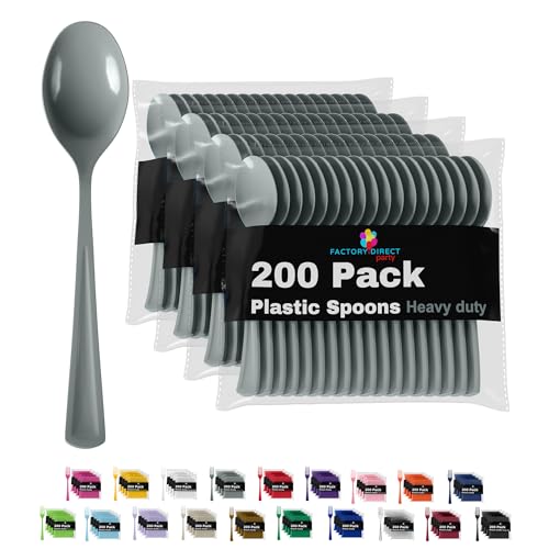Party Solids Silver Plastic Spoons 200 Pieces Silver Spoons Disposable Utensils Heavy Duty Plastic Cutlery Set Disposable Cutlery Sets Flatware Sets Silverware Set Party Supplies & Party Tableware (200 Count)