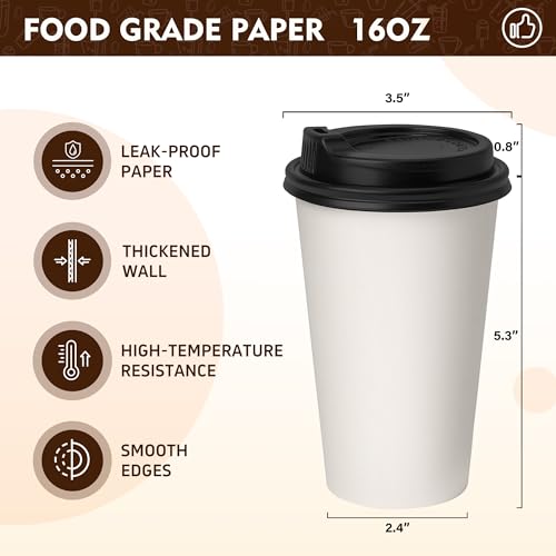 16 oz Disposable Coffee Cups with Lids 100 Pack (100 Count)
