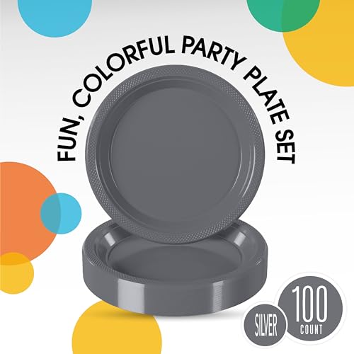 Silver Plastic Plates for Party 7 Silver Disposable Plates for Party Supplies 100 Pcs Plastic Dinnerware Sets Heavy Duty 350 GSM Disposable Dinnerware Set (100 Count)