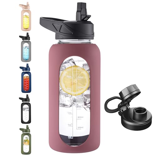 32 oz Glass Water Bottle with Straw
