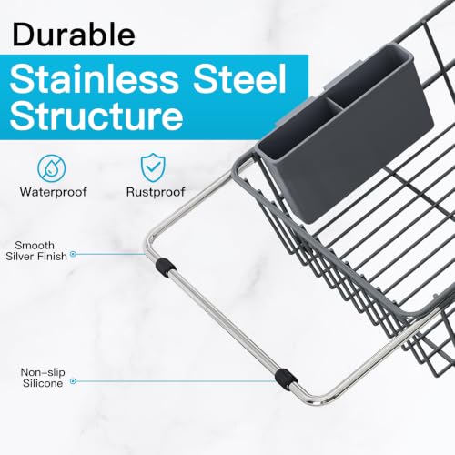 Gray Dish Drying Rack in Sink with Drainboard and Utensil Holder