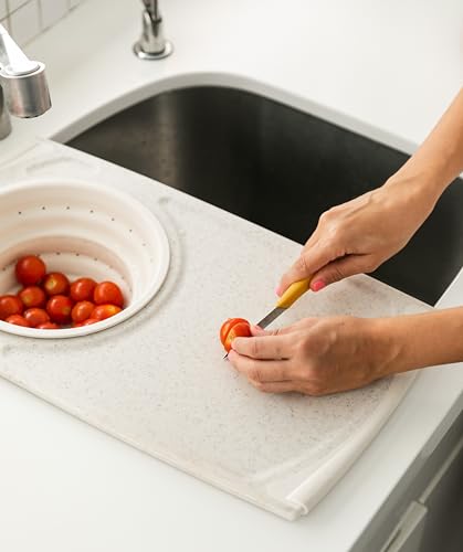 Over the Sink PolyFiber Flax Cutting Board with Collapsible Colander Strainer