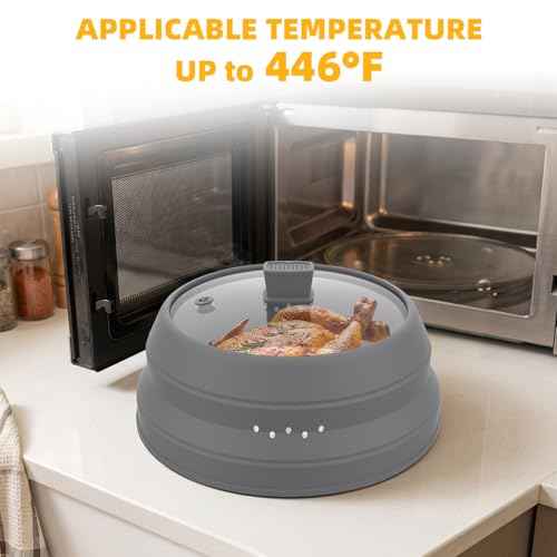 Tall Microwave Splatter Cover Glass Cover Guard Lid 6 inch Height with Collapsible Silicone for Food Pot Plate 12.5 inch Grey