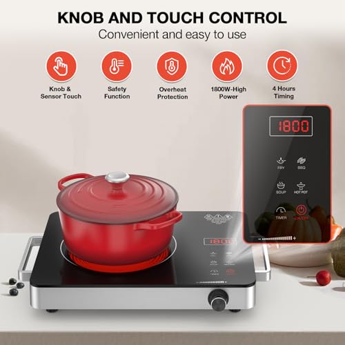 Electric Cooktop Portable Stove Single Burner 1800W Hot Plate Timer
