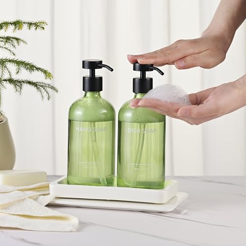 Glass Kitchen Soap Dispenser Set with Ceramic Tray