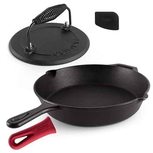 Cast Iron Skillet + Grill Press + Scraper Set (4 Count)