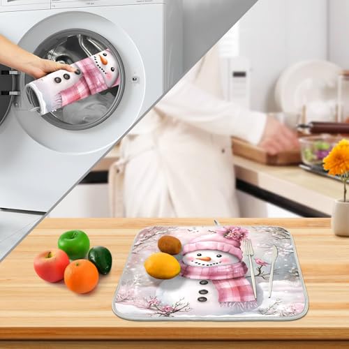 Winter Pink Snowman Dish Drying Mat for Kitchen Counter Absorbent Microfiber Christmas Large Drying Pad Dish mats for Kitchen Countertops 18 x 24 Inch