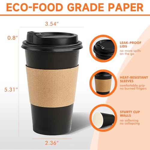 100 Pack 16 oz Disposable Coffee Cups with Lids and Sleeves (100 Count)