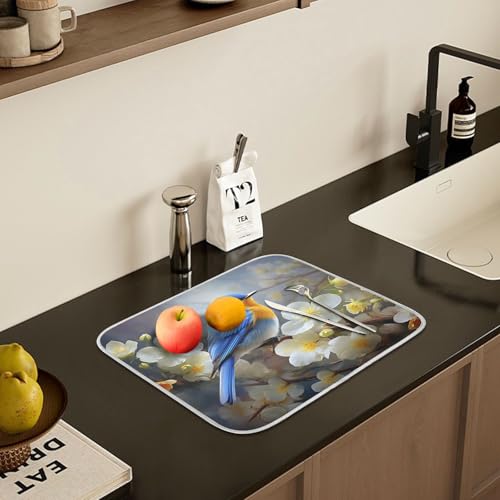 Spring Blue Yellow Flower Bluebird Butterflies Dish Drying Mat for Kitchen Ccounter Absorbent Microfiber Small Drying Pad Dish Mats for Kitchen Countertops 16 x 18 Inch
