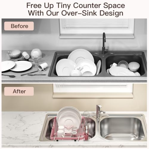 Pink Expandable Dish Drying Rack Over The Sink with Anti Slip Grip