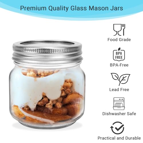 24 Pack 8 oz Clear Glass Mason Jars with Silver Metal Split Lids (24 Count)