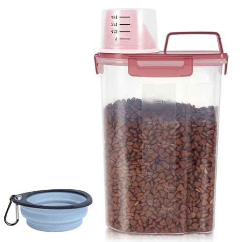 3-5Lbs/3Qt Dog Cat Storage Container Portable with Upgraded Large Spout and Cup. Plastic Pet Food Dispenser for Small Animal Kibble, Bird Seed, Oatmeal, Rice, Flour, Brown Sugart (Clear PInk)