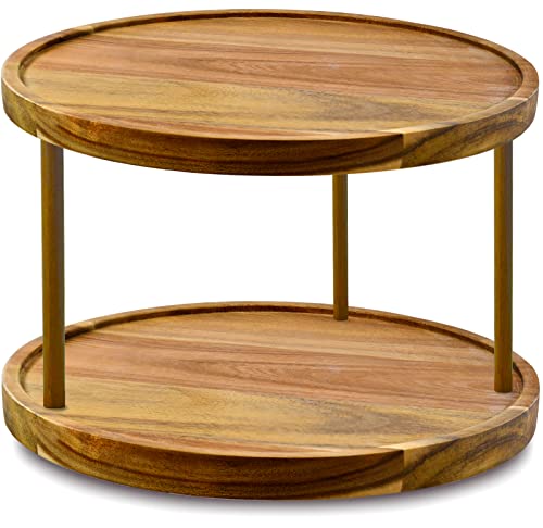 14" Two Tier Acacia Wood Lazy Susan Organizer Kitchen Turntable for Cabinet Pantry Table Organization