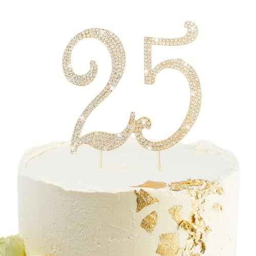 Gold 25th Birthday Cake Topper Rhinestones Cake Decorations for 25th Birthday Party